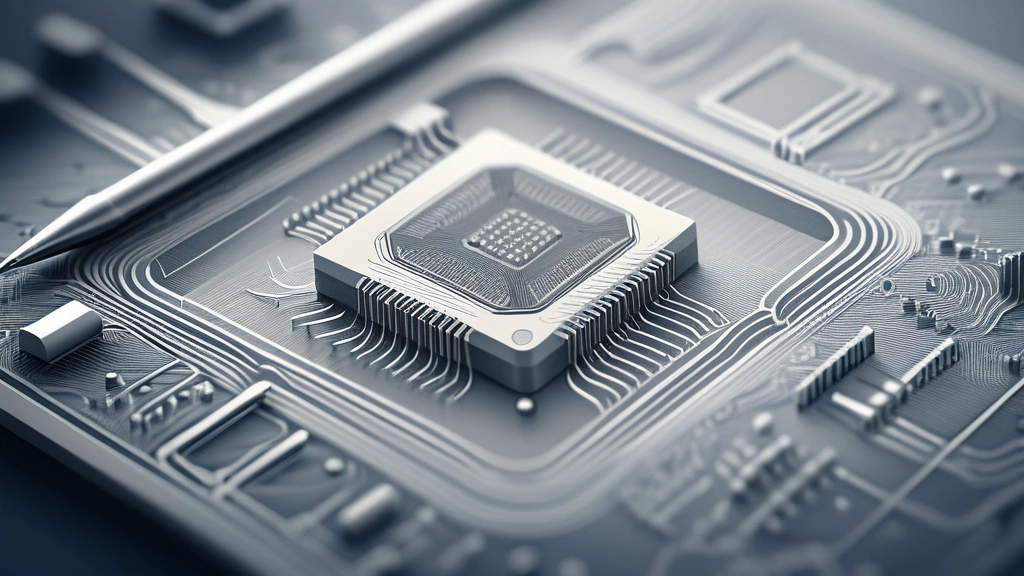 A pencil sketch depicting a miniature, intricate semiconductor chip with visible circuit patterns, held delicately by a pair of precision tweezers above a complex engineering blueprint. No text, no logos.