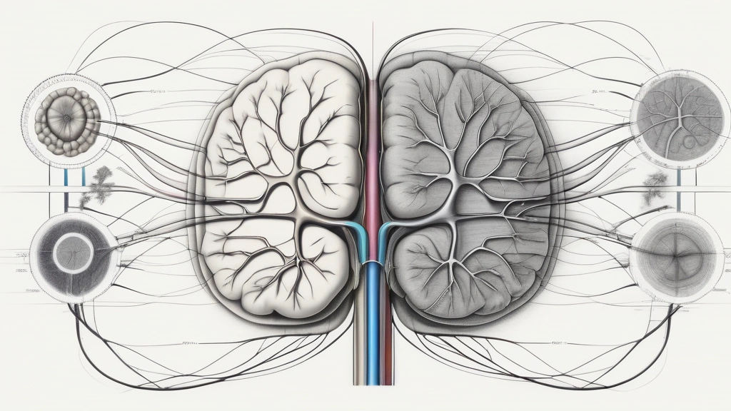 A detailed pencil sketch depicting a dual-layered diagram: on one side, a cross-section of the human cerebral cortex showing neural pathways; on the other, a structured digital flowchart representing a neural network architecture, with fine lines connecting the biological and synthetic nodes. No text, no logos.