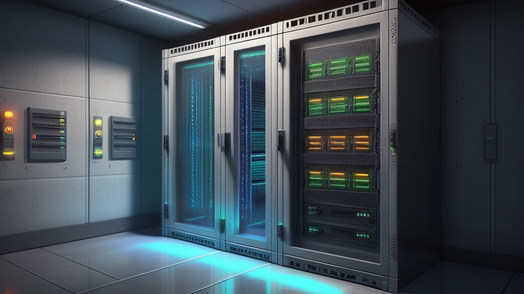 A detailed pencil sketch of a secure server rack chamber, with one cabinet door open to reveal glowing indicator lights and bundles of neatly routed cables, casting long shadows across a polished concrete floor. No text, no logos.