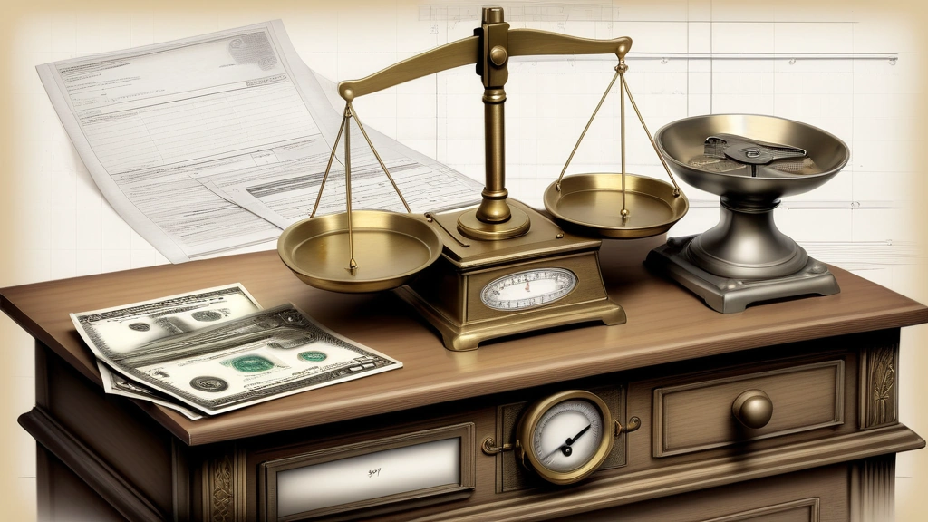 A detailed pencil sketch of an old-fashioned brass balance scale sitting on a wooden desk. On one side of the scale rests a heavy, metallic computer hard drive. On the opposite side of the scale sits a neatly tied stack of paper money alongside a miniature server rack. Subtle financial graphs and mathematical equations are lightly sketched in the background. No text, no logos.
