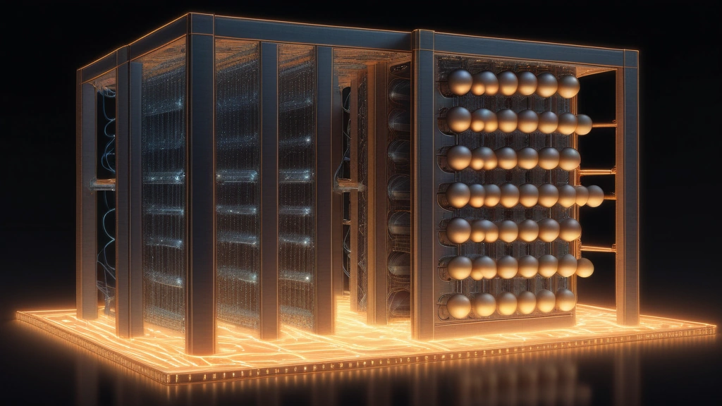 A detailed pencil sketch showing a direct physical pipeline connecting a simple open cardboard box filled with glowing spheres to a massive, complex industrial server rack. No text, no logos.