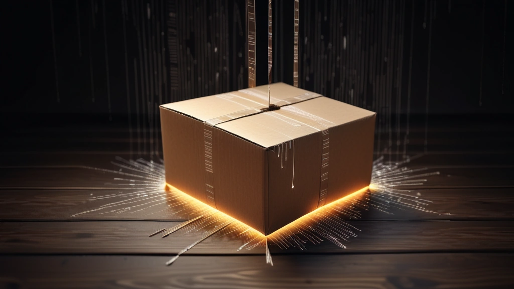 A detailed pencil sketch of a cardboard shipping package split open on a dark wooden table, with glowing abstract lines of code spilling out from the tear. No text, no logos.