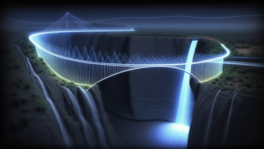 A detailed pencil sketch of the Victoria Falls bridge with a subtle network of glowing fiber optic lines running along its structure, merging into a map of the African continent. No text, no logos.