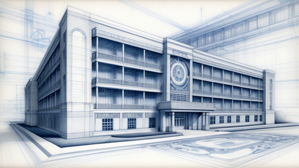 A detailed editorial pencil sketch showing a blueprint of a classic corporate headquarters building, where complex mechanical gears and electronic circuit patterns are hand-drawn directly into the architectural lines of the foundation. No text, no logos.