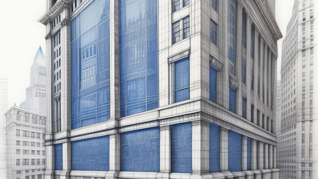 A detailed pencil sketch of a classic Wall Street skyscraper exterior architectural drawing, with intricate blueprints of circuit boards and algorithmic flowcharts subtly overlaid across the stone facade. No text, no logos.