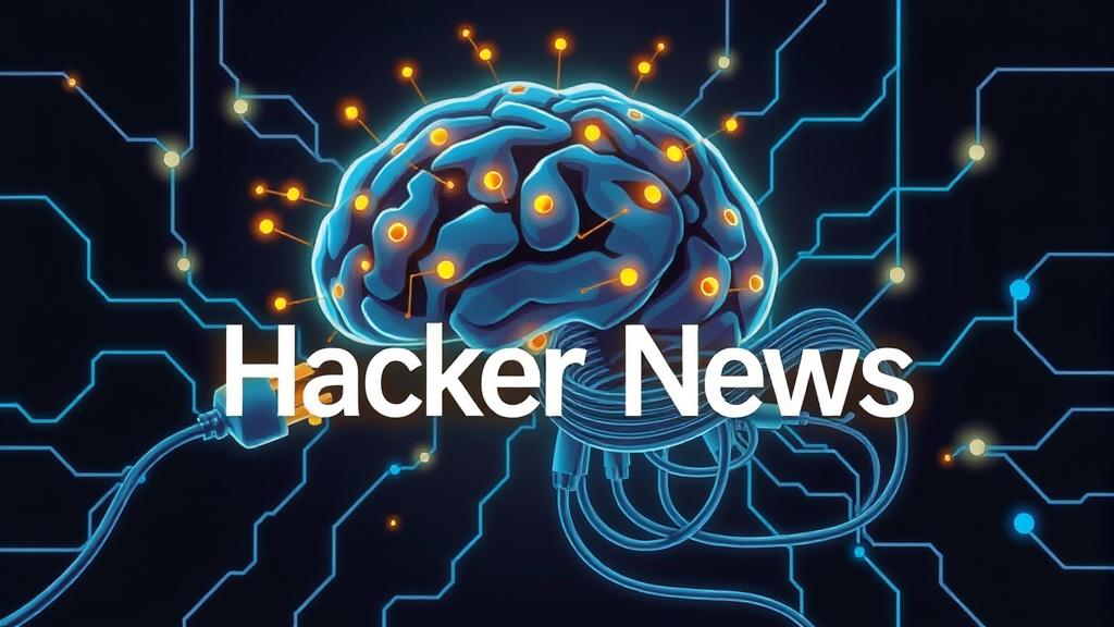 A stylized, futuristic illustration of a brain with glowing circuits, connected to a power plug and a tangled network of wires. The background is dark, with electric blue and gold accents. Hacker News logo elements are subtly integrated into the network design. Clean tech illustration style, no text in the image.