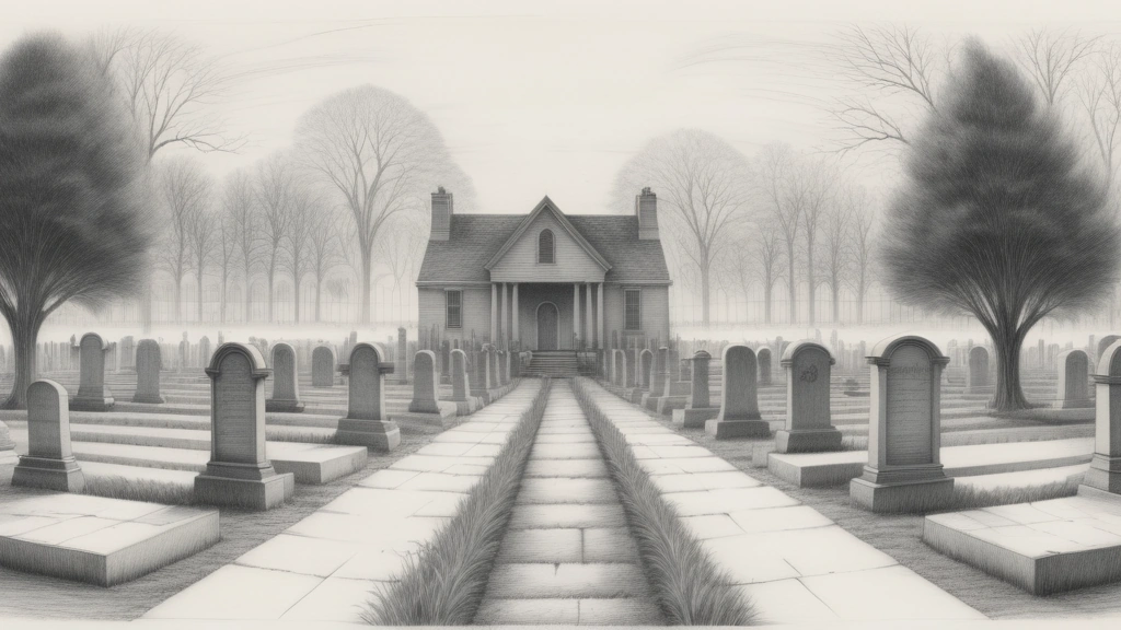 A detailed pencil sketch depicting a stark, quiet cemetery with rows of identical gravestones next to a house engulfed in rising flames. No text, no logos.