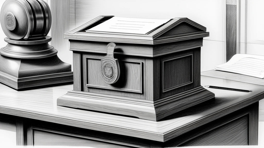A detailed pencil sketch showing a classic wooden ballot box sitting on a polished desk, with a stack of advanced silicon microchips and a legislative gavel resting beside it. No text, no logos.