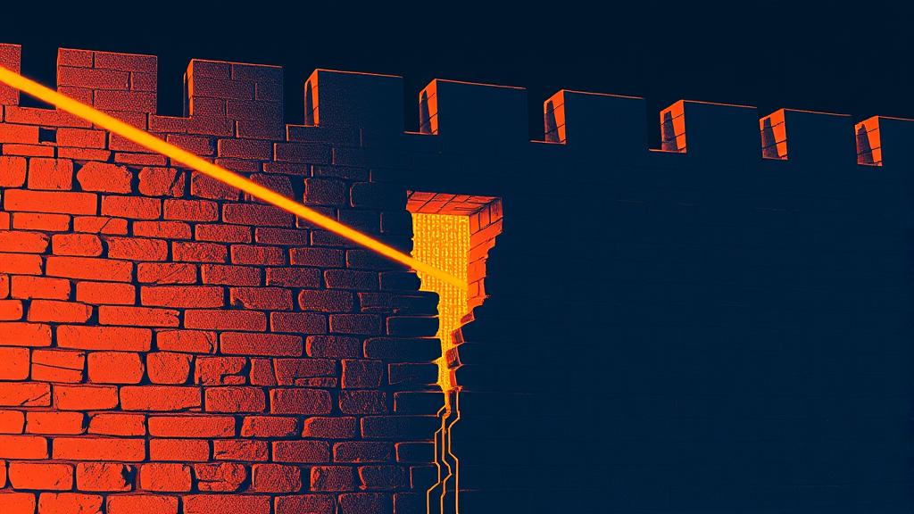 Bold risograph print: An ancient West African mud-brick fortress wall, styled like the historic walls of Kano, integrated with glowing neon digital circuitry. A sharp, geometric beam of searchlight cuts diagonally across the structure, exposing a hidden fracture in the wall that glows with golden binary code. High contrast, deep indigo and warm ochre as dominant accent colours. Analytical, urgent mood. No text, no logos, cinematic composition.