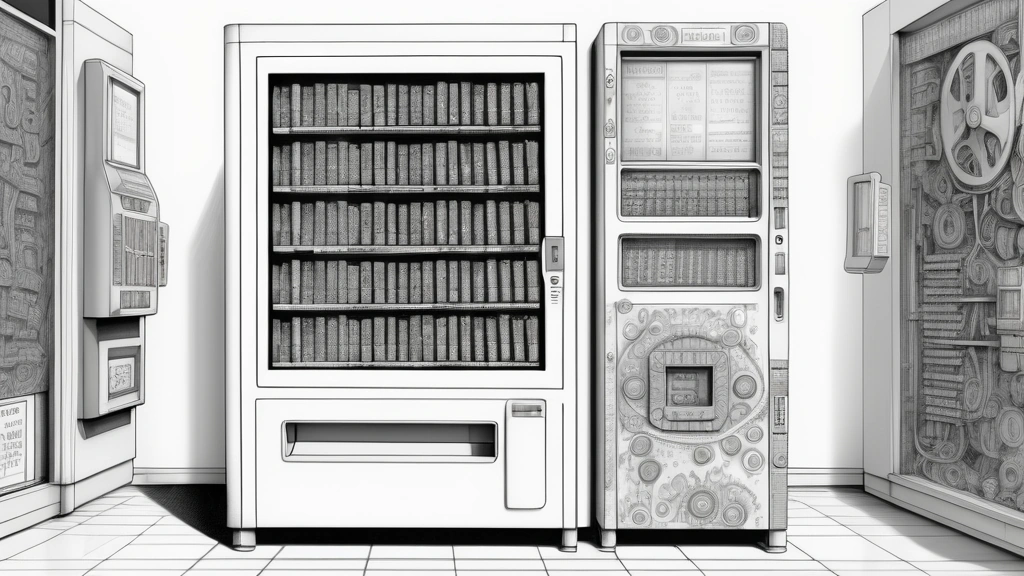 A detailed pencil sketch of an automated vending machine with its digital price screen showing 50 cents, surrounded by loose mechanical gears and faint circuit patterns. No text, no logos.