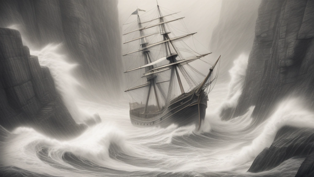 A detailed pencil sketch of a classic wooden ship navigating through a narrow, rocky canyon during a turbulent storm, with high waves crashing against the stone walls. No text, no logos.