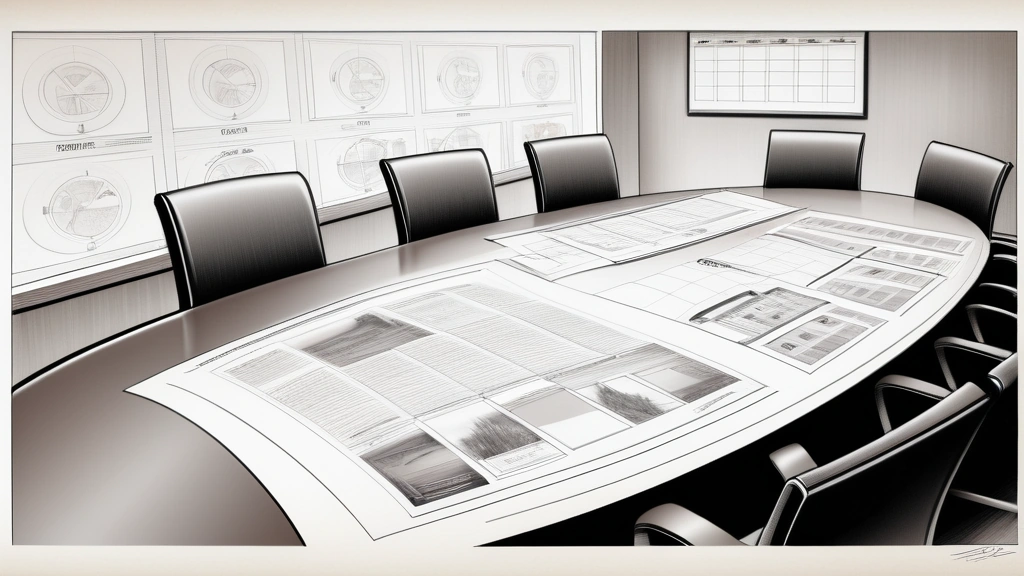 A detailed pencil sketch of a sleek boardroom table holding a printed advertisement storyboard and a calendar page with the month of October circled. No text, no logos.