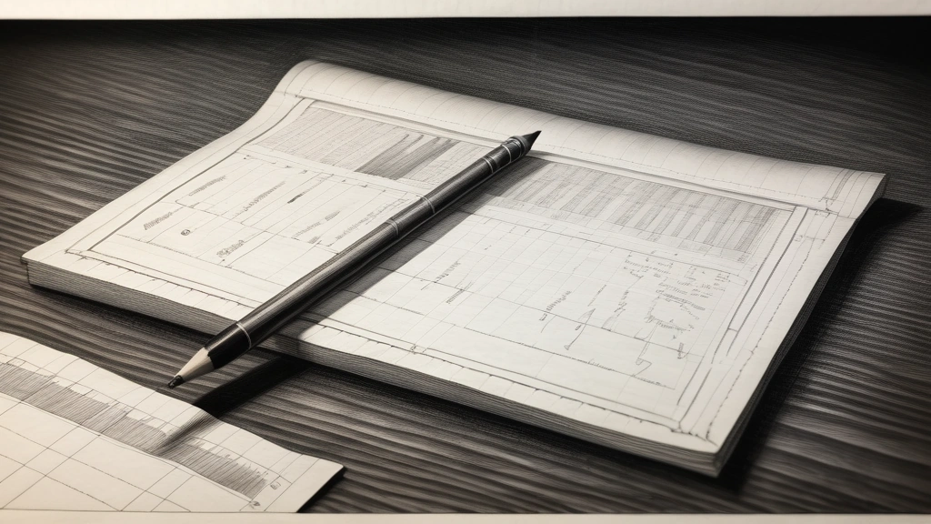 A detailed pencil sketch of an open paper ledger resting on a dark wooden table, with hand-drawn columns and analytical charts representing computational metrics. No text, no logos.