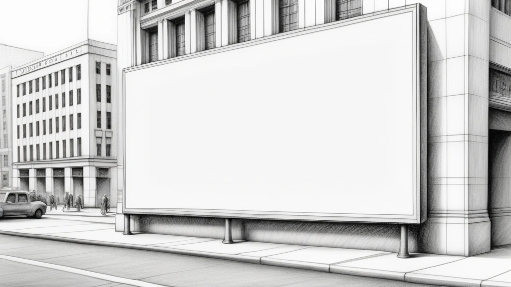A detailed pencil sketch of a large advertising billboard standing on a sidewalk outside a grand stock exchange building. No text, no logos.