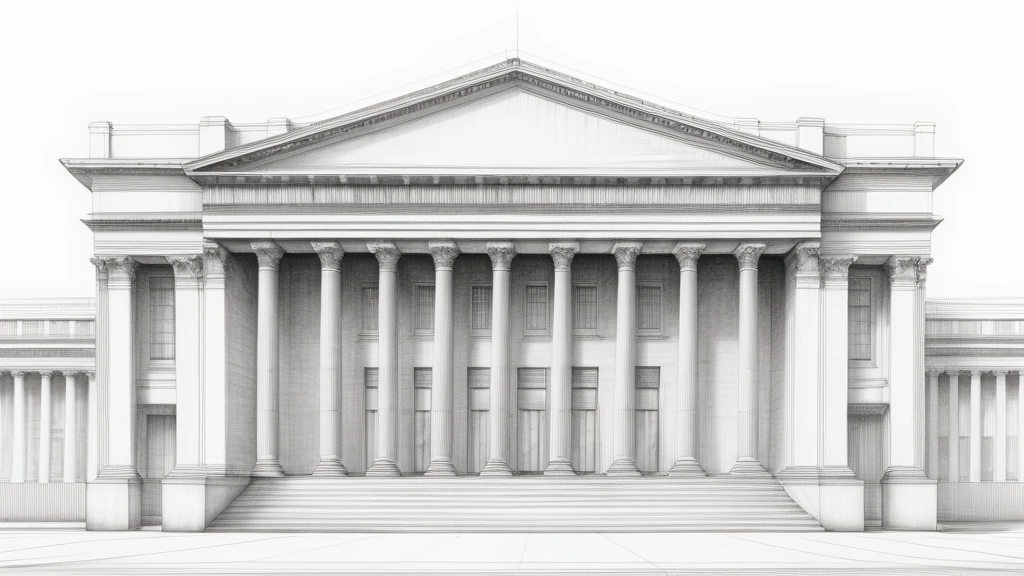 A detailed pencil sketch of a large, blank outdoor advertising billboard standing in front of a grand banking institution with classical columns. No text, no logos.
