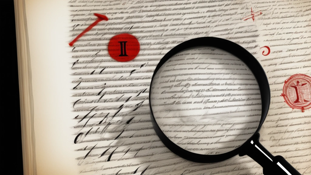 An editorial ink sketch depicting a large, complex page of handwritten manuscript text being examined under a magnifying glass, which reveals a tiny, contrasting red ink key symbol disguised within the flow of the text lines. Serious, analytical, high contrast, fine cross-hatching detail. No text, no logos, cinematic composition.