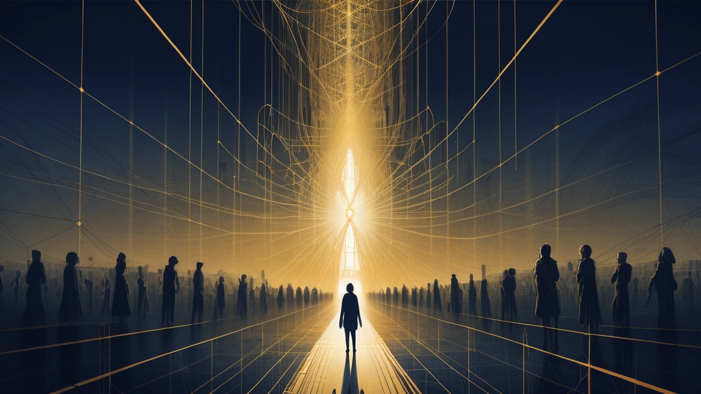 An editorial ink sketch depicting the struggle between centralized technology and human agency. In the center, a massive, towering mechanical loom woven from dark computer servers and copper cables looms over a landscape, casting long shadows. Delicate, hand-drawn glowing threads of golden light escape from the machine, transforming into a vast network. In the corners, small, stylized human figures work together to weave their own independent, vibrant webs of light on textured paper, symbolizing decentralized networks. High-contrast, serious, intellectual, deep indigo and gold color palette, cross-hatched details. No text, no logos, cinematic composition.