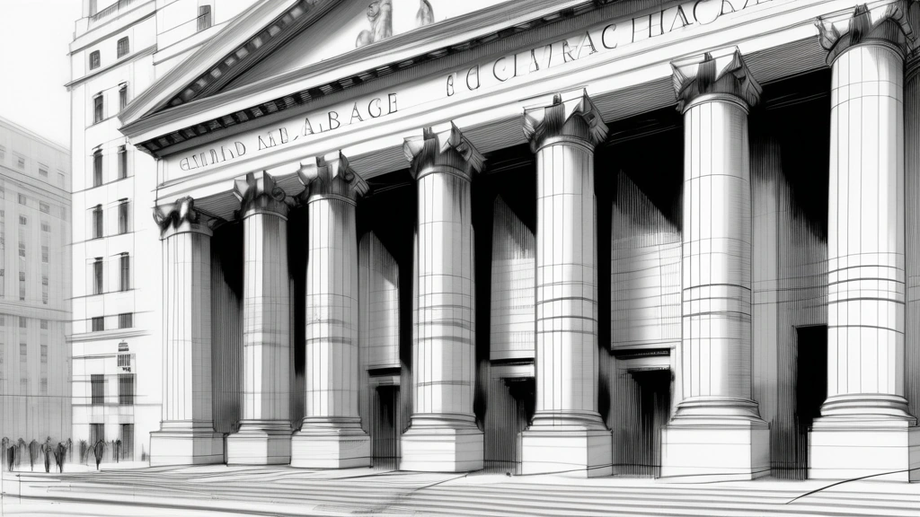 A detailed pencil sketch of a grand, classical stock exchange building facade with a modern digital ticker tape wrapping around its stone pillars, showing fluctuating line graphs and the name Claude. No text, no logos.