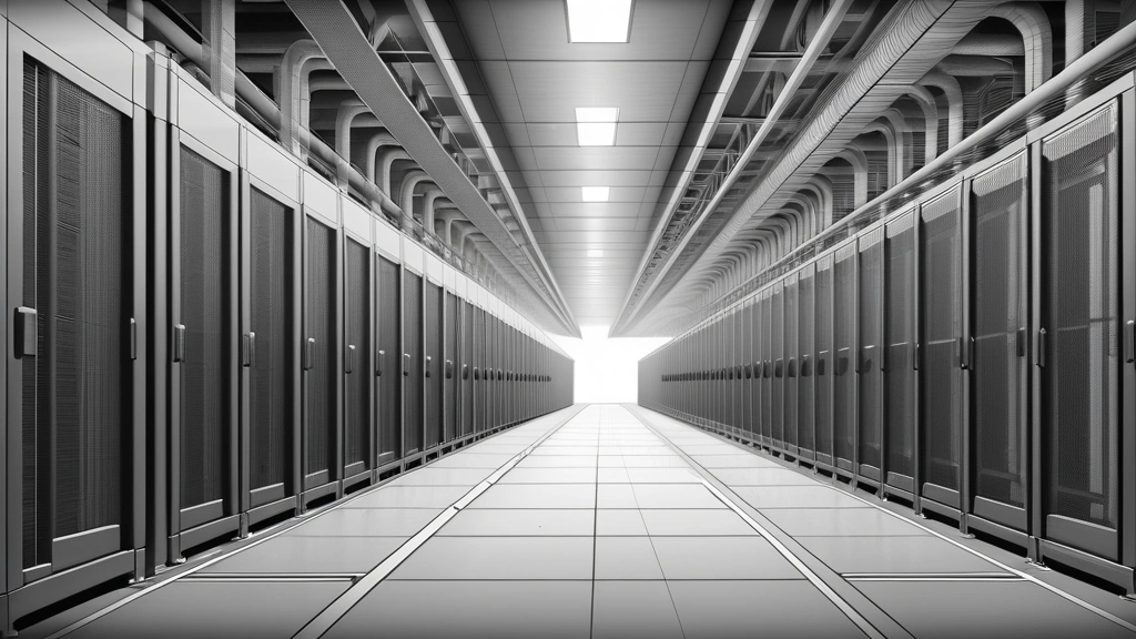 A detailed pencil sketch of a massive, industrial data center corridor filled with towering server racks, with heavy power cables snaking across the concrete floor and cooling vents visible on the ceiling. No text, no logos.