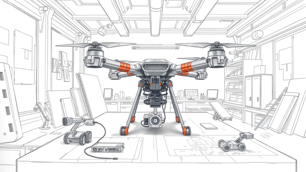A detailed pencil sketch showing the interior of a bright workshop where a partially assembled quadcopter drone rests on a wooden workbench surrounded by small robotic components and blueprints. No text, no logos.