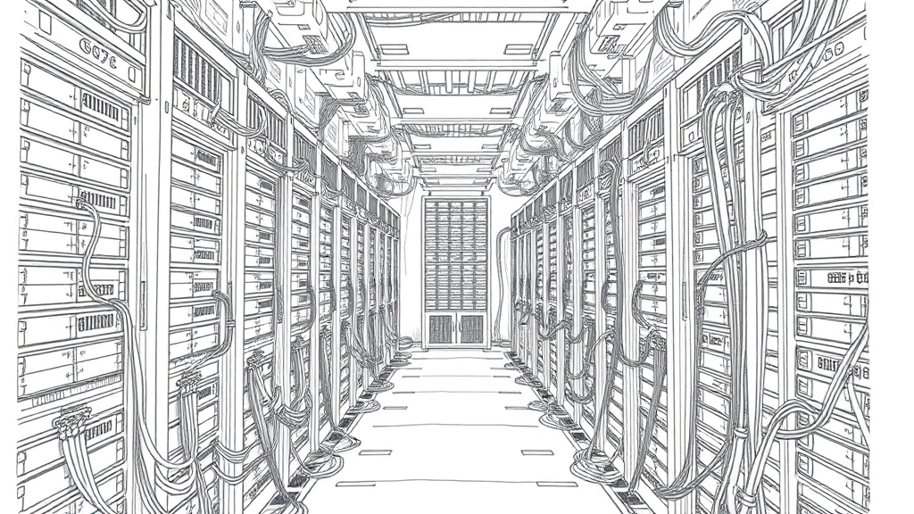A serious pencil sketch of a vast server room filled with towering mainframe racks, with cabling neatly organized in complex, dense patterns. No text, no logos.