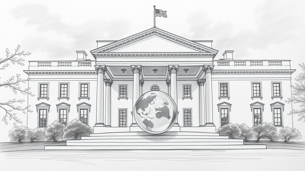 A pencil sketch of the White House West Wing portico under heavy grey clouds, with a single, glowing glass sphere resting on the stone steps, reflecting the classical columns. No text, no logos.