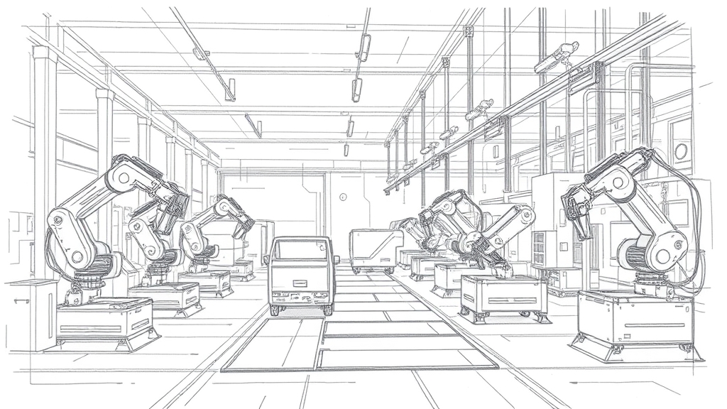 A serious pencil sketch of an industrial manufacturing floor with robotic arms assembling machinery, surrounded by faint architectural drafting lines and a protective shield emblem. No text, no logos.