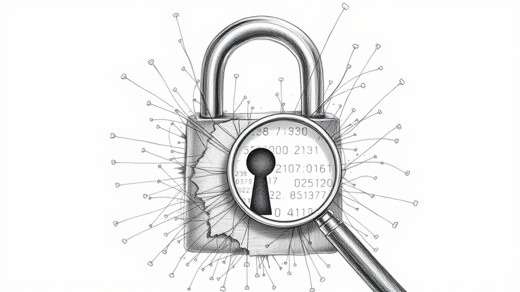 A serious pencil sketch of a physical security padlock that is partially dissolving into a digital network of fine, fractured lines, with a magnifying glass revealing hidden, faint code patterns etched into the metal. No text, no logos.