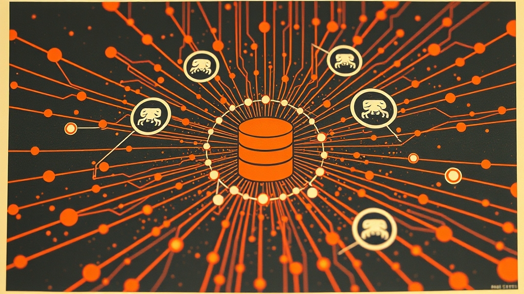 A bold risograph print depicting an abstract, glowing network of digital nodes and data pathways connecting a central database icon to stylized, hovering search crawler symbols. High-contrast colors of warm terracotta orange, deep charcoal gray, and soft cream. No text, no logos, cinematic composition.