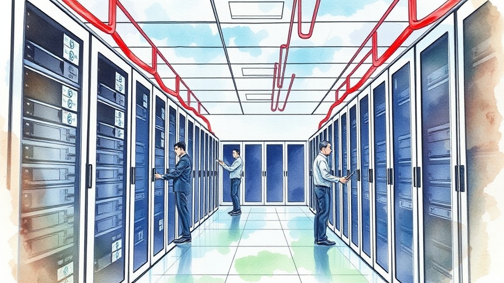 A watercolour illustration of a server room in Nigeria, with rows of servers and technicians working in the background, no text, no logos.