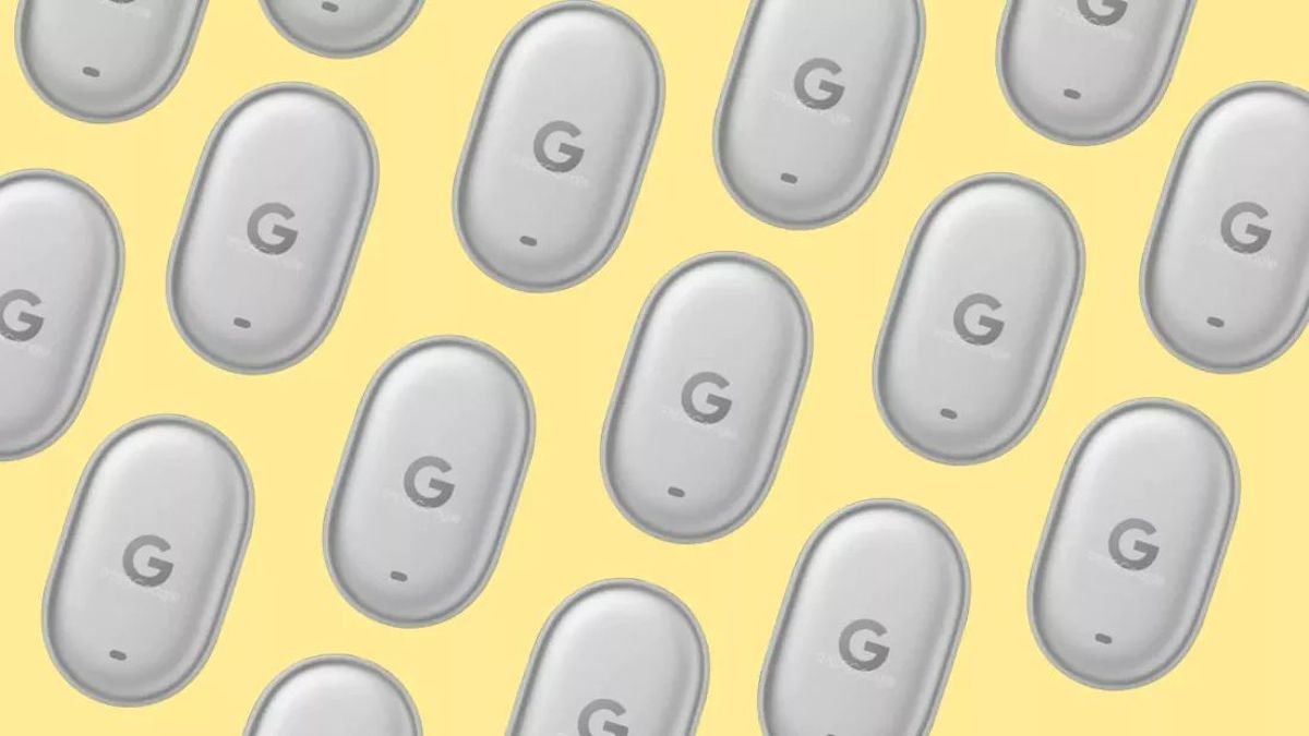 A watercolour illustration of the Google Pixel Tag, showing its pill-shaped design and built-in speaker, with a subtle background of a cityscape, no text, no logos.