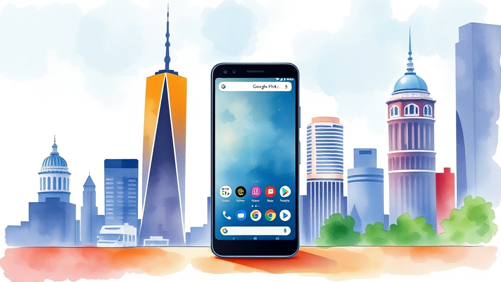 Watercolour illustration of a Google Pixel phone in a business setting, with a cityscape in the background, no text, no logos