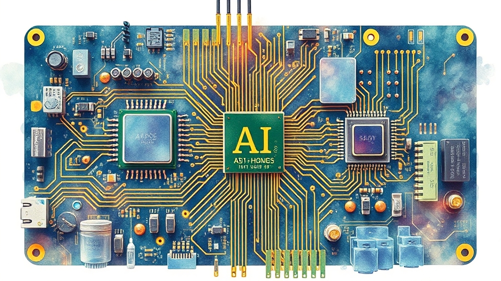 A watercolour illustration of a circuit board with AI chips, with a hopeful tone, no text, no logos