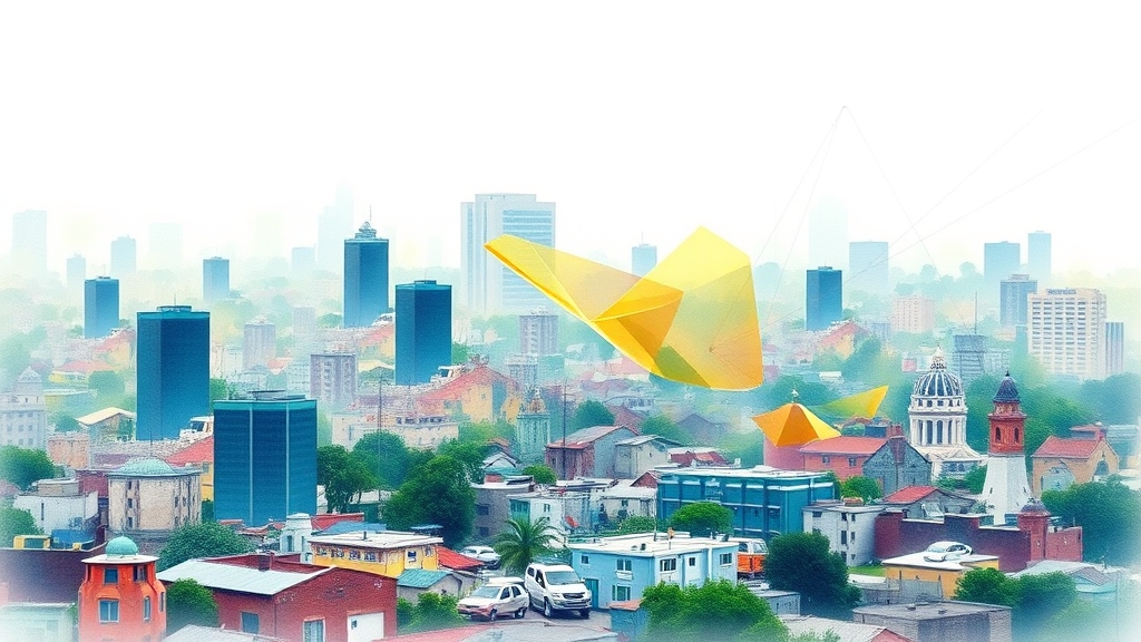Watercolour of a Nigerian cityscape with digital transactions and fintech infrastructure in the background, no text, no logos
