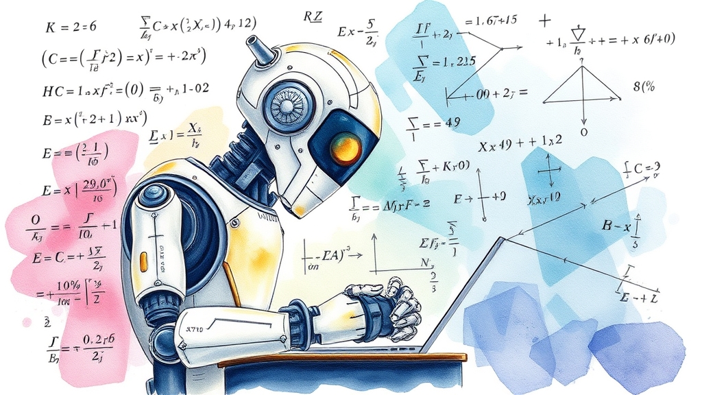 Watercolour illustration of a robot working on a complex math problem, with equations and formulas surrounding it, no text, no logos