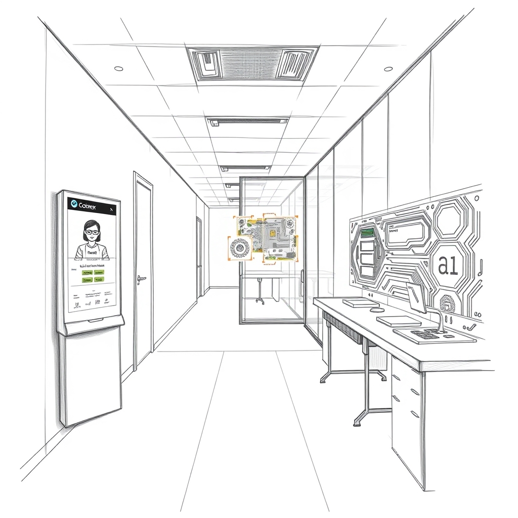 A detailed pencil sketch of a sleek office hallway with three distinct stations: a digital welcome kiosk displaying a Codex avatar for onboarding, a glass-walled workspace with floating holographic sales data being refreshed by a subtle AI icon, and a developer lab where a schematic circuit board glows as an AI agent configures tools; no text, no logos.