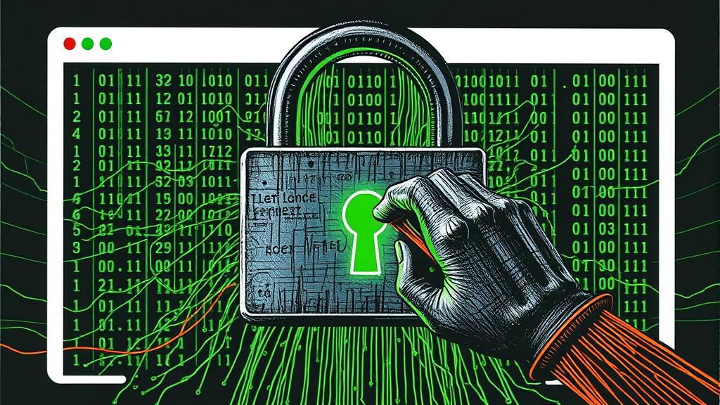 Bold risograph print: A massive, heavy iron padlock with a glowing electric green keyhole is clamped shut over a stylized web browser window. Streams of chaotic, glowing green binary code are pouring toward the lock, clogging the keyhole, while a human hand made of clean copper wire outlines attempts to insert a physical key. Deep charcoal background with high-contrast electric green and copper-orange as dominant accent colours. Analytical, tense, and urgent mood. No text, no logos, cinematic composition.