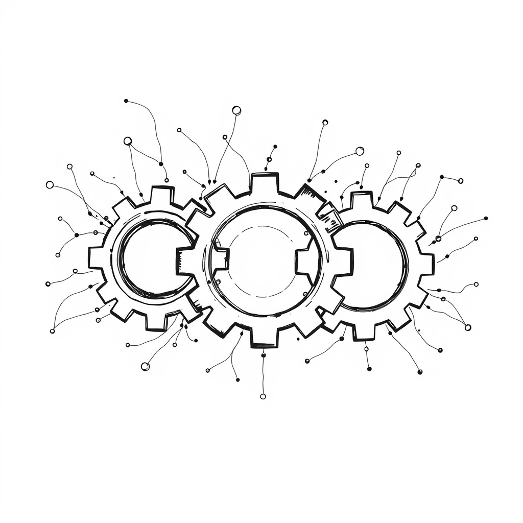 editorial ink sketch of three abstract, interlocking gear shapes symbolizing diverse career paths, surrounded by flowing neural‑network lines and data nodes, set against a stark white background, high contrast shading, No text, no logos, cinematic composition.