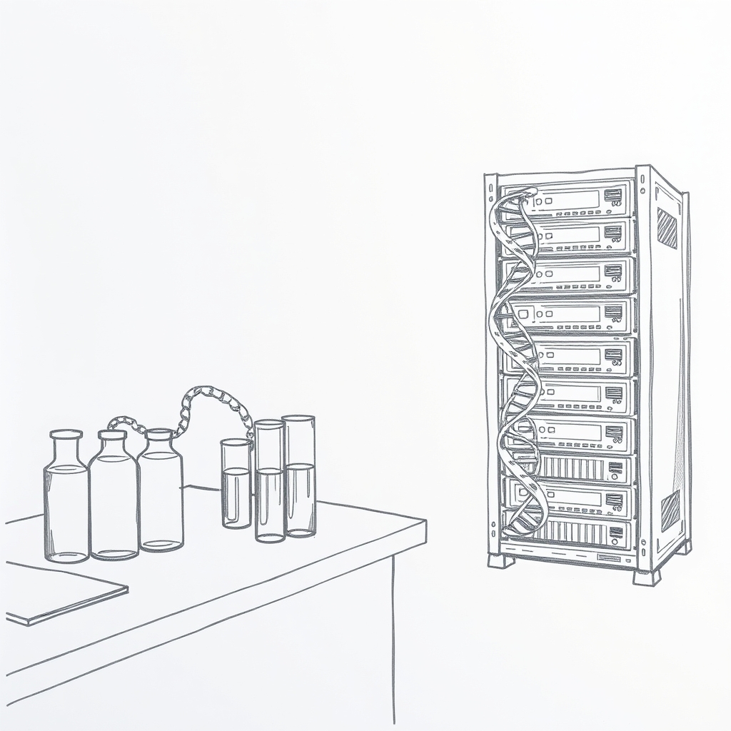 A detailed pencil sketch of a laboratory bench with test tubes, a DNA double helix model, and a computer server rack side by side, illustrating the intersection of advanced AI research and scientific experimentation; no text, no logos.