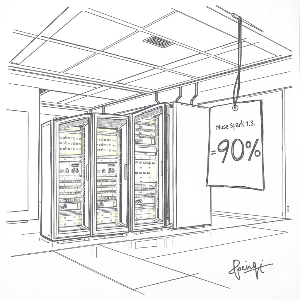 A pencil sketch of a sleek, futuristic laboratory with glowing server racks labeled “Muse Spark 1.3” and a large price tag showing “‑90%” hanging beside them, no people, no text, no logos.
