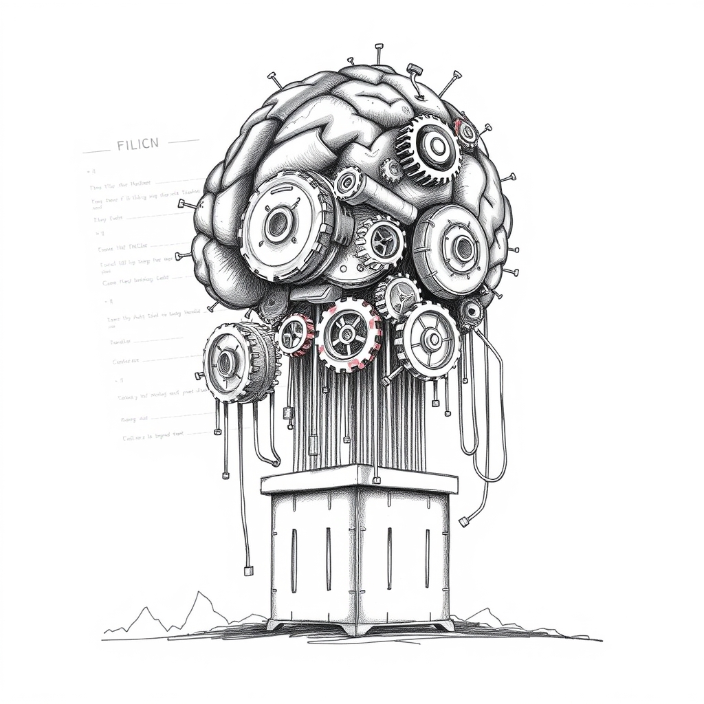 A pencil sketch of a towering abstract AI brain made of interlocking gears and circuitry, perched atop a stylized stock market ticker, with a faint outline of a filing document in the background. No text, no logos.