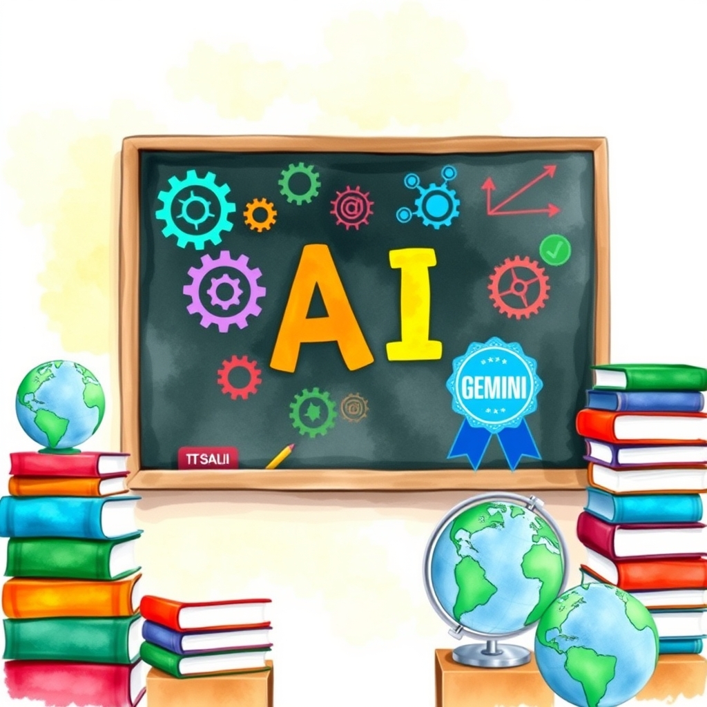 A watercolor illustration of a classroom chalkboard filled with colorful AI icons—gear symbols, a stylized Gemini logo, and a badge ribbon—surrounded by stacks of books and a globe, symbolizing the blend of traditional teaching and new AI tools. No text, no logos.