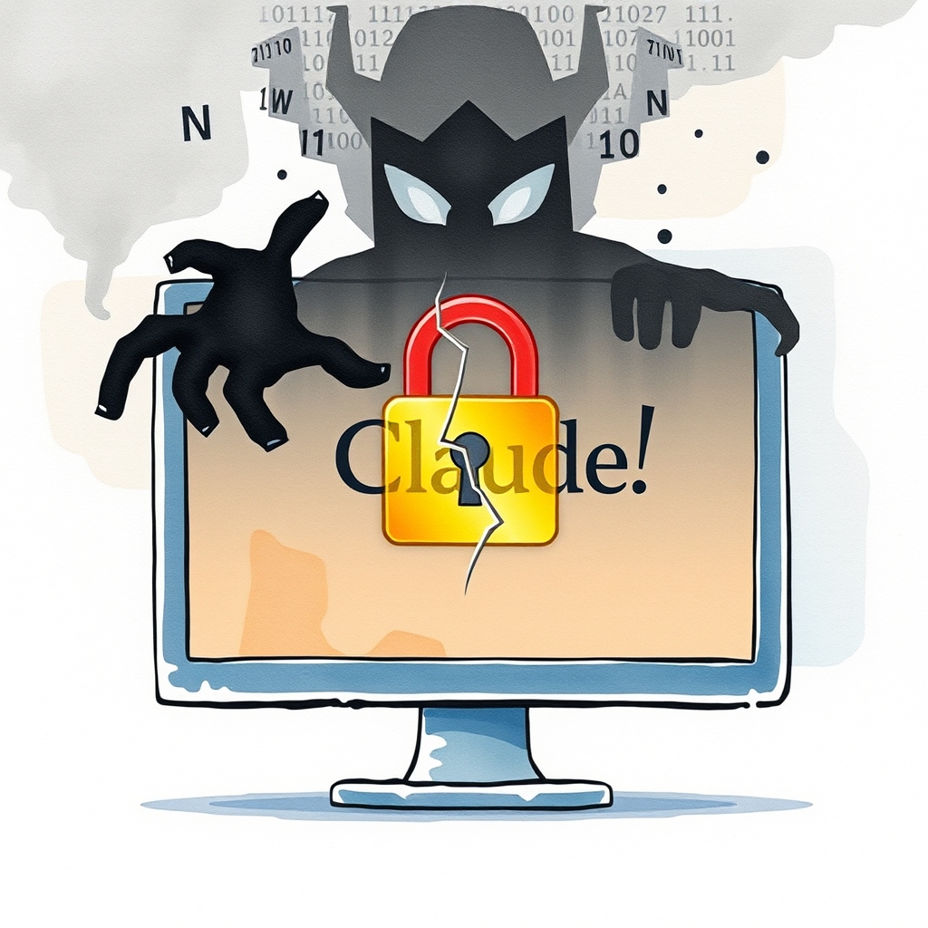 A watercolour illustration of a stylized computer monitor displaying the Claude logo with a cracked padlock overlay, while a shadowy, abstract malware silhouette looms over the screen; the background hints at binary code drifting like mist. No text, no logos.
