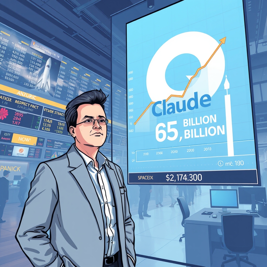 Create an original premium technology-news editorial illustration featuring Anthropic’s CEO standing beside a large digital display of the Claude logo, both dominant in the scene; the display shows a soaring revenue chart from $9 billion to $65 billion, while a nearby ticker scrolls the projected $2 trillion valuation; in the background, a bustling trading floor hints at IPO activity, with subtle references to SpaceX’s rocket silhouette for comparison; the visual style is clean, data‑focused, and suited to a high‑end tech publication; composition centers on the CEO and chart, with the trading floor secondary; include restrained branding of Anthropic only; avoid generic AI icons or text overlays; cinematic composition.