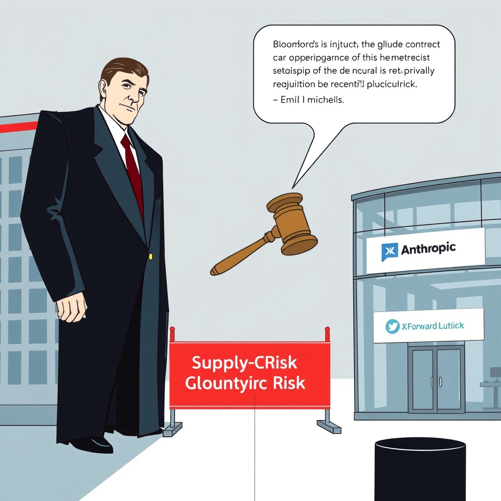 Create an original premium technology-news editorial illustration featuring a dominant figure representing the Pentagon, depicted as a stylized, authoritative building façade with a bold “DoD” insignia, standing opposite a sleek corporate office facade labeled “Anthropic” with the Claude logo subtly displayed; the scene shows the two structures separated by a visible red barrier labeled “Supply‑Chain Risk,” while a courtroom gavel hovers above the barrier, symbolizing the legal injunction; in the background, a muted Bloomberg studio set hints at recent comments from Howard Lutnick, and a subtle X (formerly Twitter) speech bubble contains Emil Michael’s quoted text; the composition uses a clean, professional editorial style with muted blues and grays, emphasizing the tension between government authority and private AI innovation; cinematic composition.