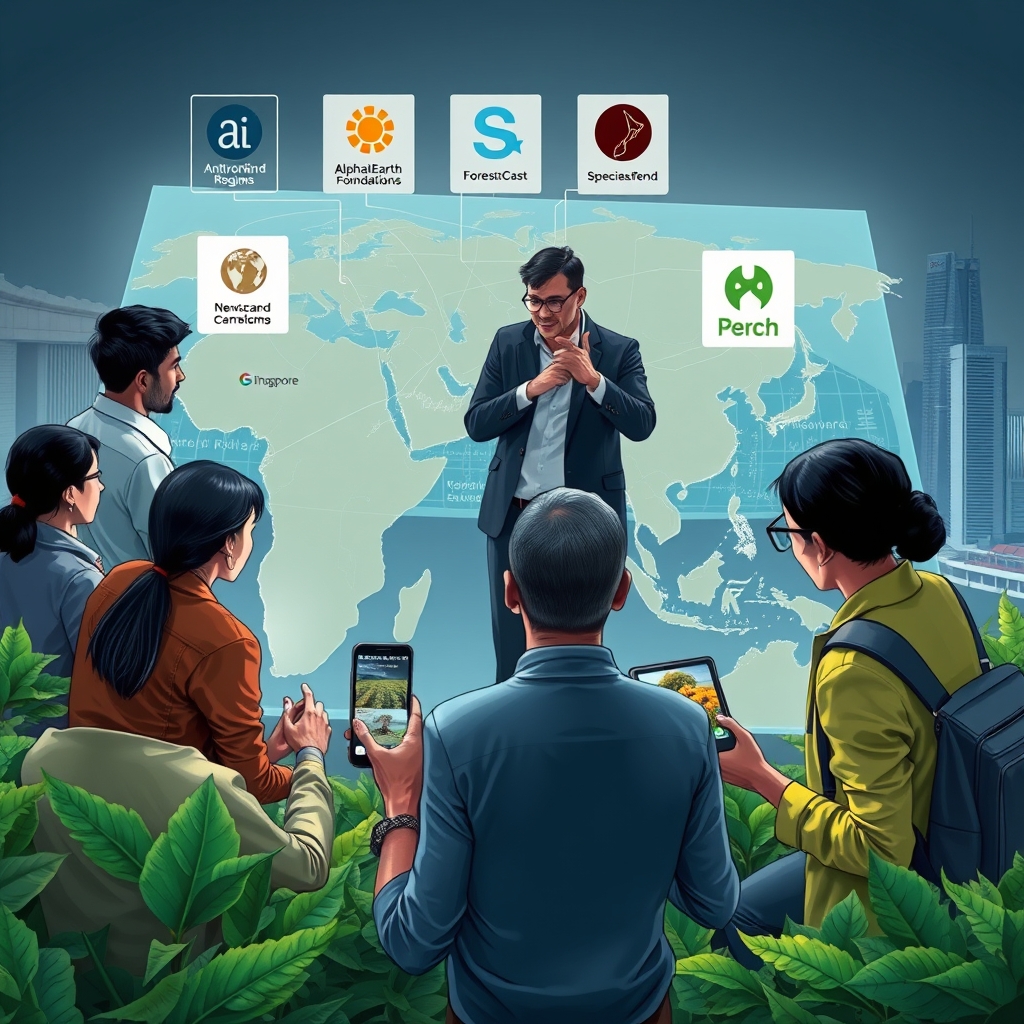 Create an original premium technology-news editorial illustration featuring a diverse group of innovators—startup founders, nonprofit leaders, and researchers—gathered around a large interactive holographic map of the Asia‑Pacific region. The central figure is a Google DeepMind representative guiding the group as AI model icons (AnthroKrishi, ForestCast, AlphaEarth Foundations, SpeciesNet, Perch) float above the map, highlighting data streams for biodiversity, crops, and carbon sinks. In the foreground, a farmer in a Thai field holds a smartphone displaying real‑time pest alerts, while a New Zealand conservationist watches AI‑powered wildlife cameras on a tablet. The background shows a Singapore skyline with a subtle Google logo on a building, indicating the bootcamp location. The visual style is sleek, realistic, and suitable for a technology editorial, with a balanced composition that places the mentorship scene at the center and the regional applications secondary. Cinematic composition.