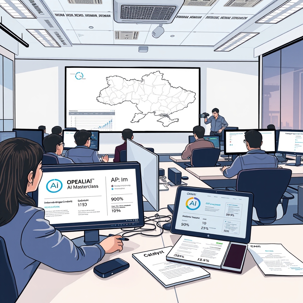 Create an original premium technology-news editorial illustration featuring a Ukrainian newsroom bustling with journalists gathered around modern computer stations, a large digital map of Ukraine displayed on a screen, and a prominent OpenAI logo on a tablet showing API usage stats; the scene captures a collaborative workshop led by international experts, with documents labeled “AI Masterclass” and “Catalyst” on a nearby table, all set in a bright, resilient office environment; the visual style should be clean, realistic, and suited to a high‑end technology publication, emphasizing the concrete interaction between people and AI tools while avoiding generic AI icons; cinematic composition.