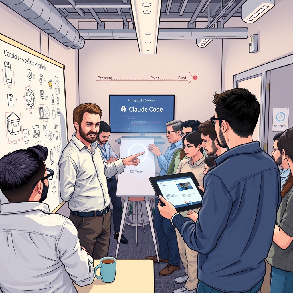 Create an original premium technology-news editorial illustration featuring a compact, modern office space where a diverse group of about twenty engineers gathers around a central whiteboard filled with sketchy AI circuit diagrams and prototype UI mockups. In the foreground, a confident Ben Mann points to a glowing holographic representation of Claude Code—a stylized code editor with AI‑generated snippets—while a younger engineer, resembling Boris Cherny, hands over a tablet displaying the Claude Code preview. Behind them, a wall screen shows a timeline of rapid two‑week sprint cycles with “Persevere” and “Pivot” icons. The setting conveys a fast‑paced incubator atmosphere, with subtle branding of Anthropic’s logo on a coffee mug and a subtle “Labs” sign on the door. Render in a clean, crisp technology‑publication style with realistic lighting and depth, focusing on the collaborative energy of the team. cinematic composition.