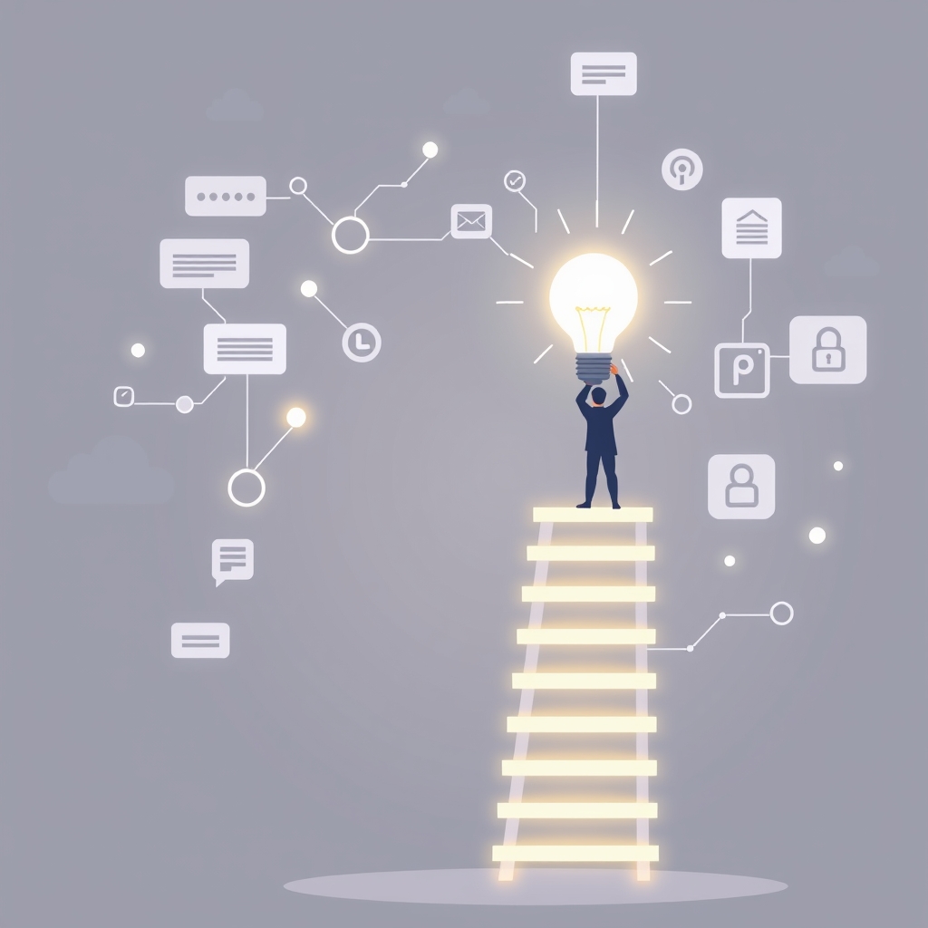 vector flat illustration of a stylized career ladder made of glowing data nodes and AI circuitry, with a figure standing on a lower rung holding a bright lightbulb, surrounded by floating icons of chat bubbles, gears, and assistants, muted pastel palette, clean lines, no text, no logos, cinematic composition.