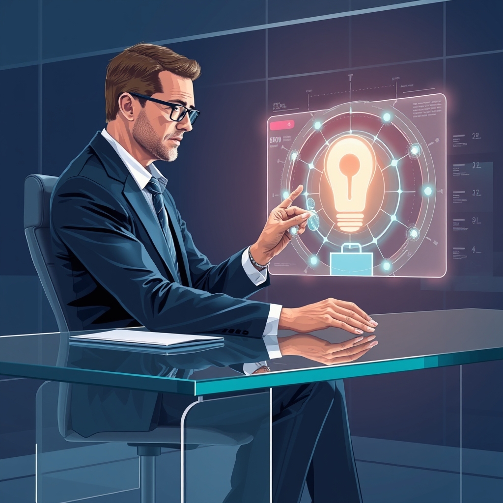 Create an original premium technology-news editorial illustration featuring a senior investment banker seated at a sleek glass desk, interacting with a holographic AI interface that